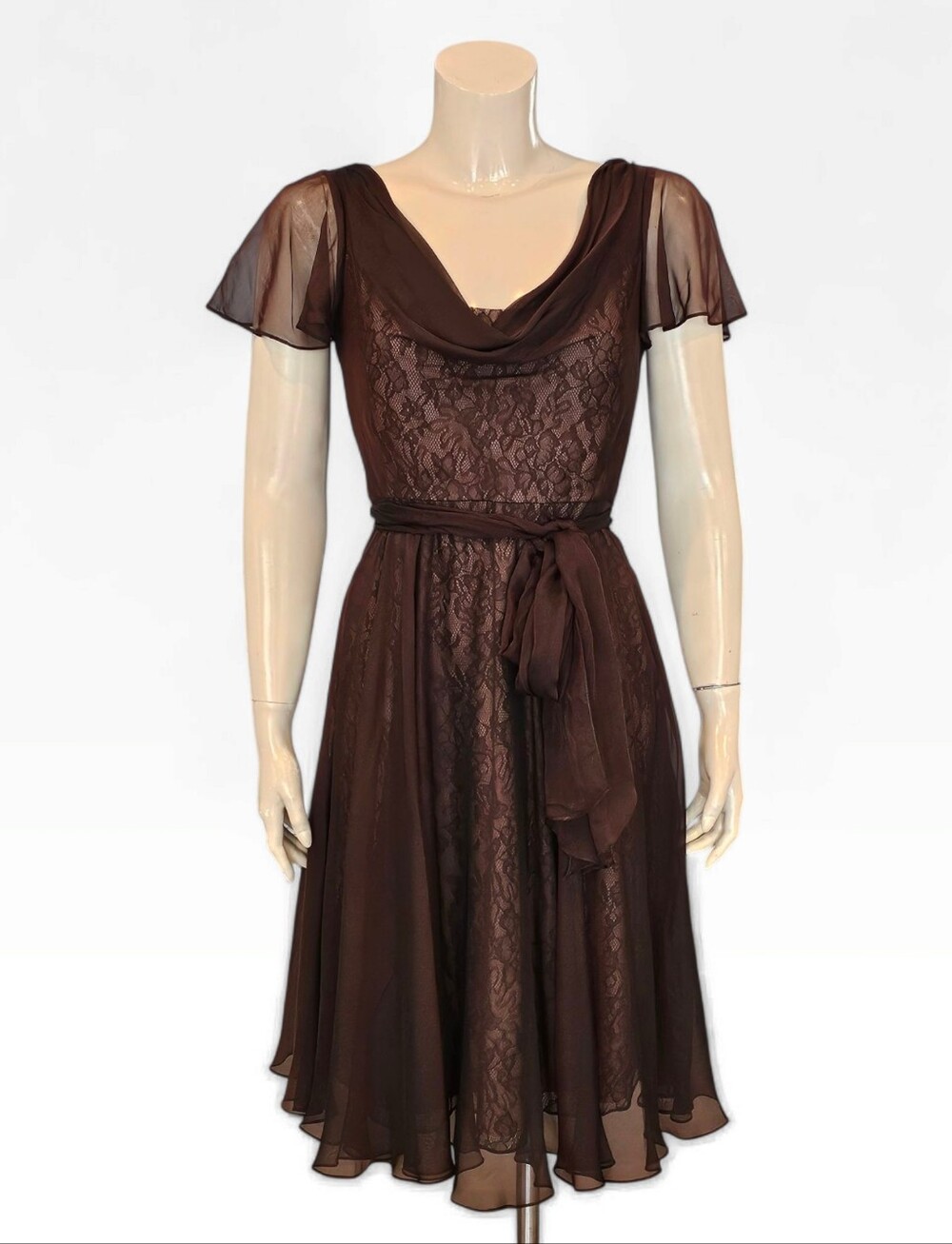 Vintage BADGLEY MISCHKA Brown Silk Chiffon Lace Cowl Neck Belted Midi Dress 4